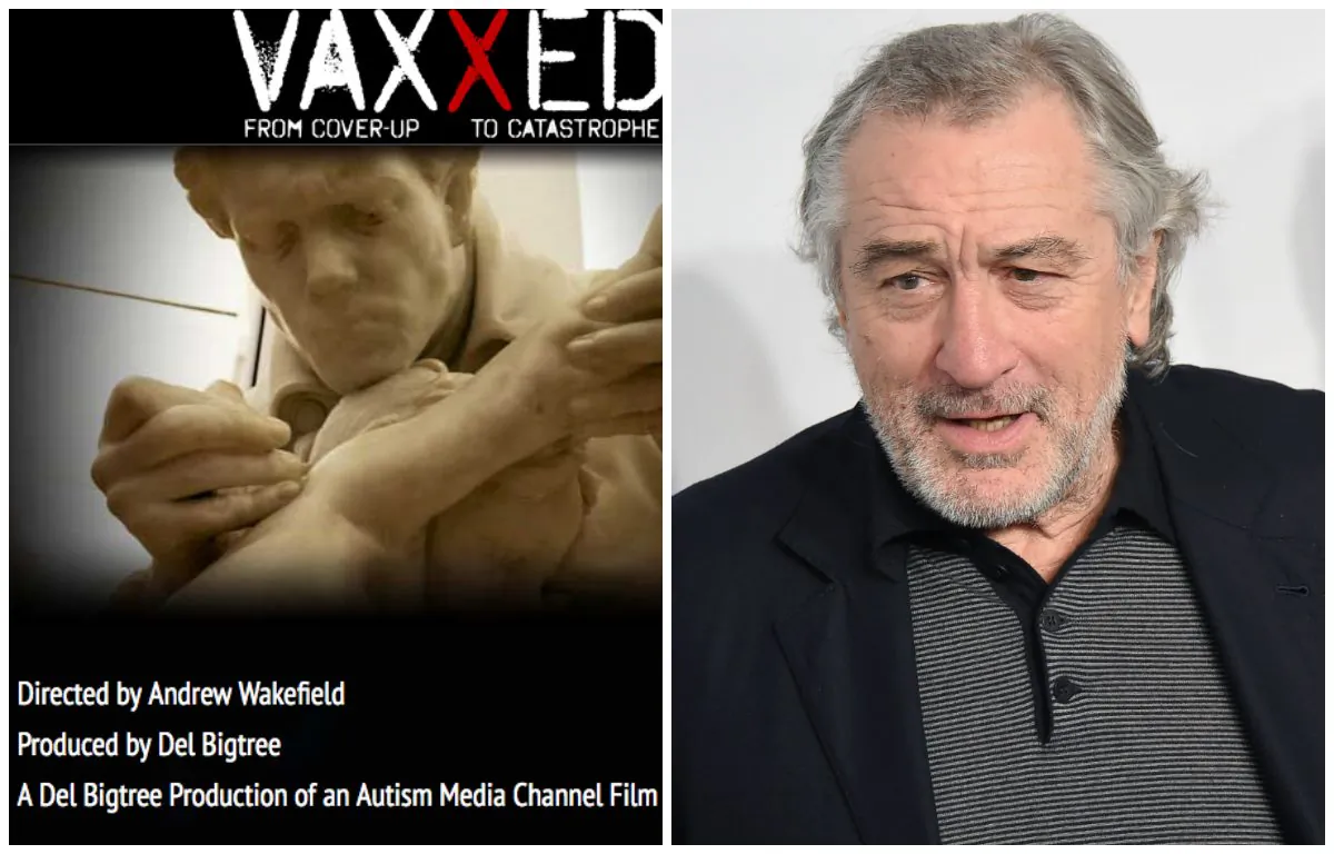 A screenshot of the "Vaxxed" film poster next to Robert de Niro. (Nicholas Hunt/Getty Images)