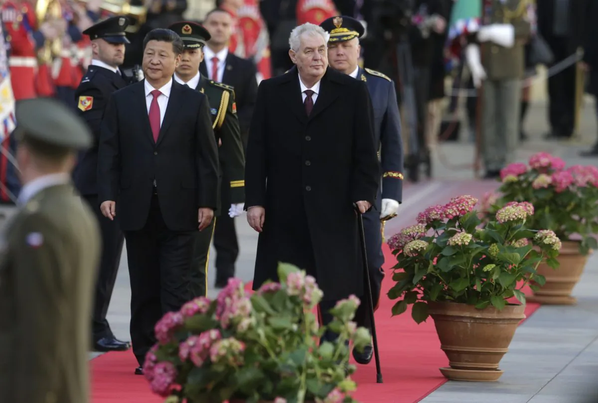 Czech Republic's President Milos Zeman, right, welcomes his Chinese counterpart Xi Jinping, left, at the Prague Castle in Prague, Czech Republic on March 29, 2016. (Petr David Josek/AP)