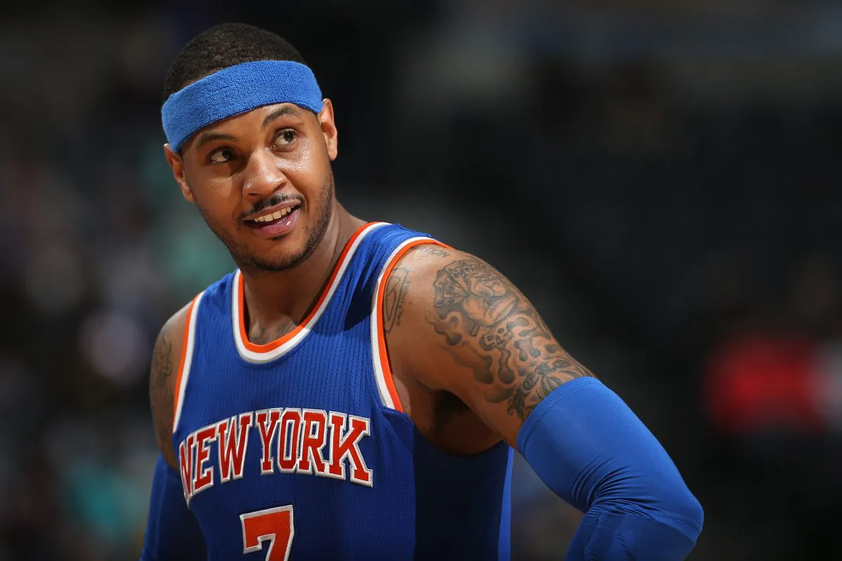 Carmelo Anthony #7 of the New York Knicks looks on at Pepsi Center in Denver, Colo., on March 8, 2016. (Doug Pensinger/Getty Images)