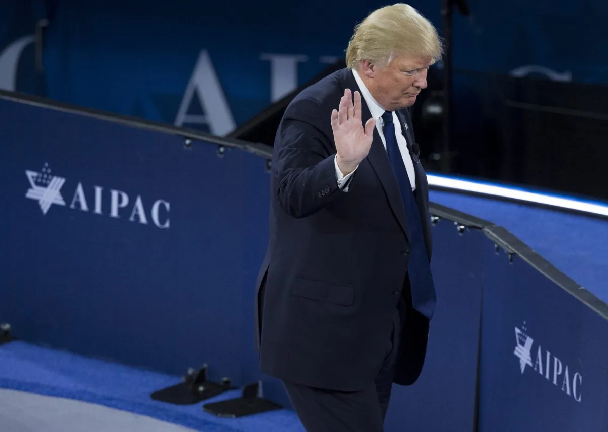 US Republican Presidential hopeful Donald Trump waves after addressing the American Israel Public Affairs Committee (AIPAC) 2016 Policy Conference at the Verizon Center in Washington, DC, March 21, 2016. (Saul Loeb/AFP/Getty Images)