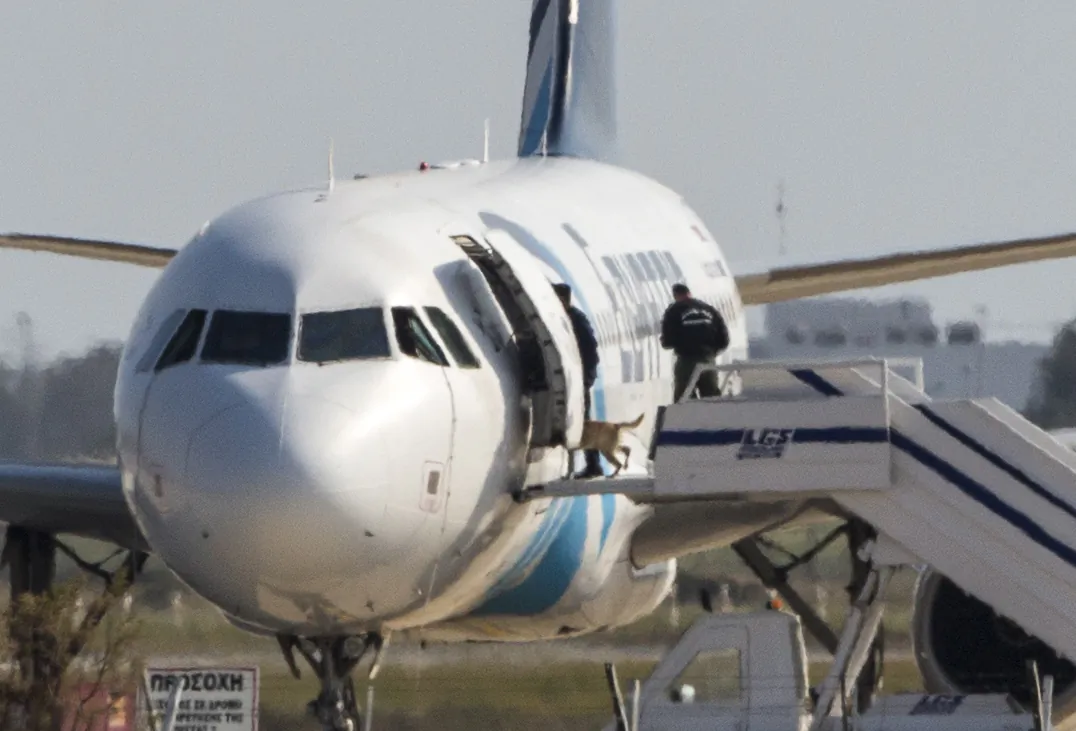 Cypriot security forces take a sniffer dog into an EgyptAir Airbus A-320 parked at the tarmac of Larnaca airport after the six-hour hijacking of the plane came to an end on March 29, 2016.
 (Behrouz Mehri/AFP/Getty Images)