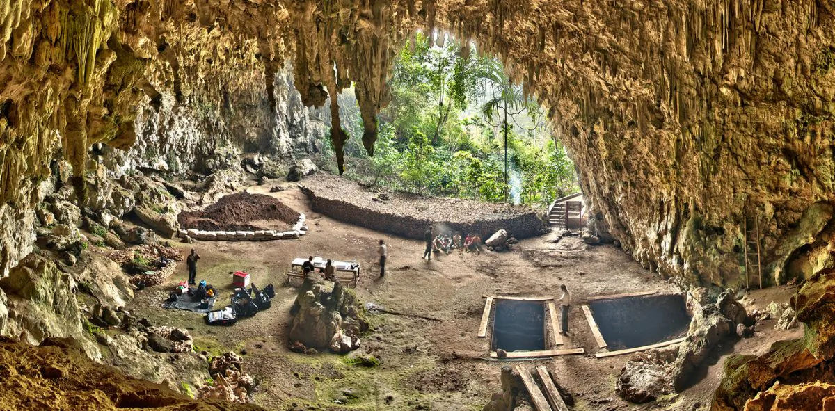 Excavations in Liang Bua, a limestone cave on the Indonesian island of Flores. (Smithsonian Digitization Program Office Liang Bua Team)