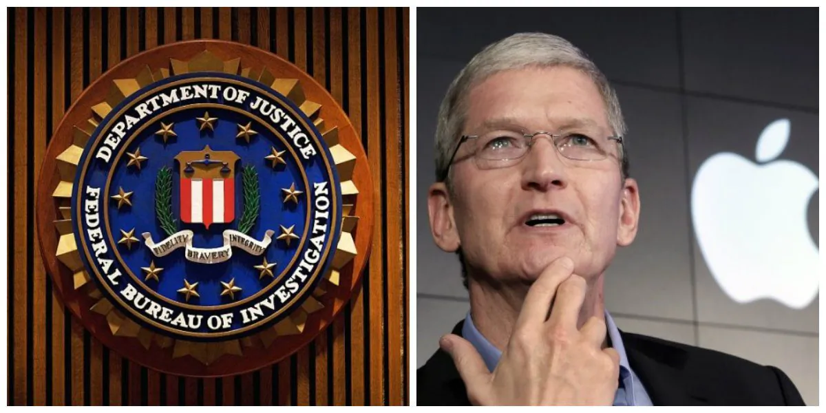 The crest of the Federal Bureau of Investigation. (Mandel Ngan/AFP/Getty Images); File photo, Apple CEO Tim Cook. (AP Photo/Richard Drew, File)