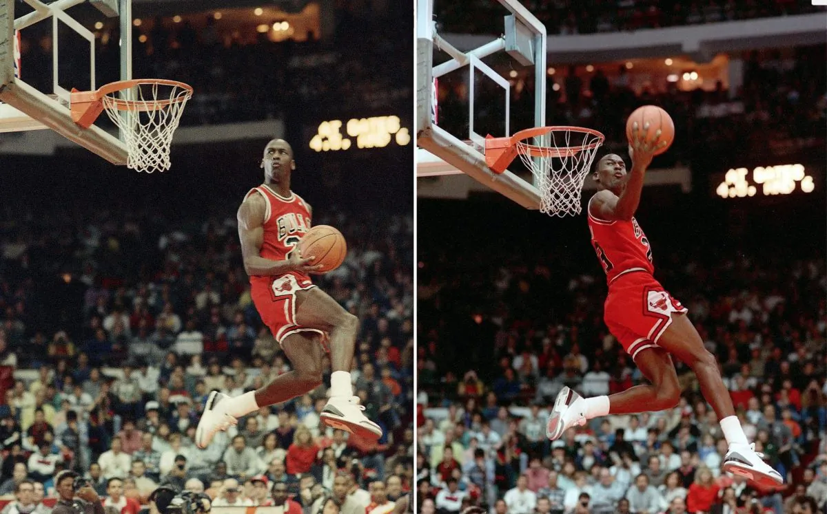 Michael Jordan of the Chicago Bulls during the 1988 slam-dunk competition in Chicago.  Jordan edged Dominique Wilkins of the Atlanta Hawks to win the contest on the final dunk.(AP Photo/John Swart)
