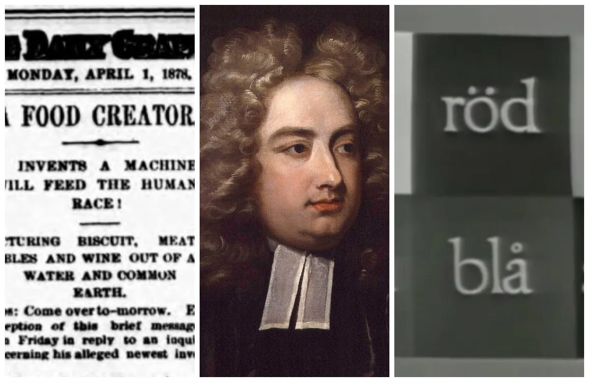Thomas Edison, Jonathan Swift, and Swedish national television have all gotten in on past April Fools fun. (Public Domain/ Public Domain/ YouTube)