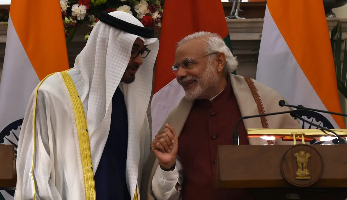 Indian Prime Minister Narendra Modi (R) and Abu Dhabi's Crown Prince Sheikh Mohammed bin Zayed al-Nahyan at Hyderabad House in New Delhi on Feb. 11, 2016. (Money Sharma/AFP/Getty Images)