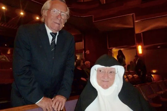 Sister Bernadette from the Augustiner monastery and her brother, Bruno, attend Shen Yun Performing Arts in Salzburg. (Wong Jing/Epoch Times)