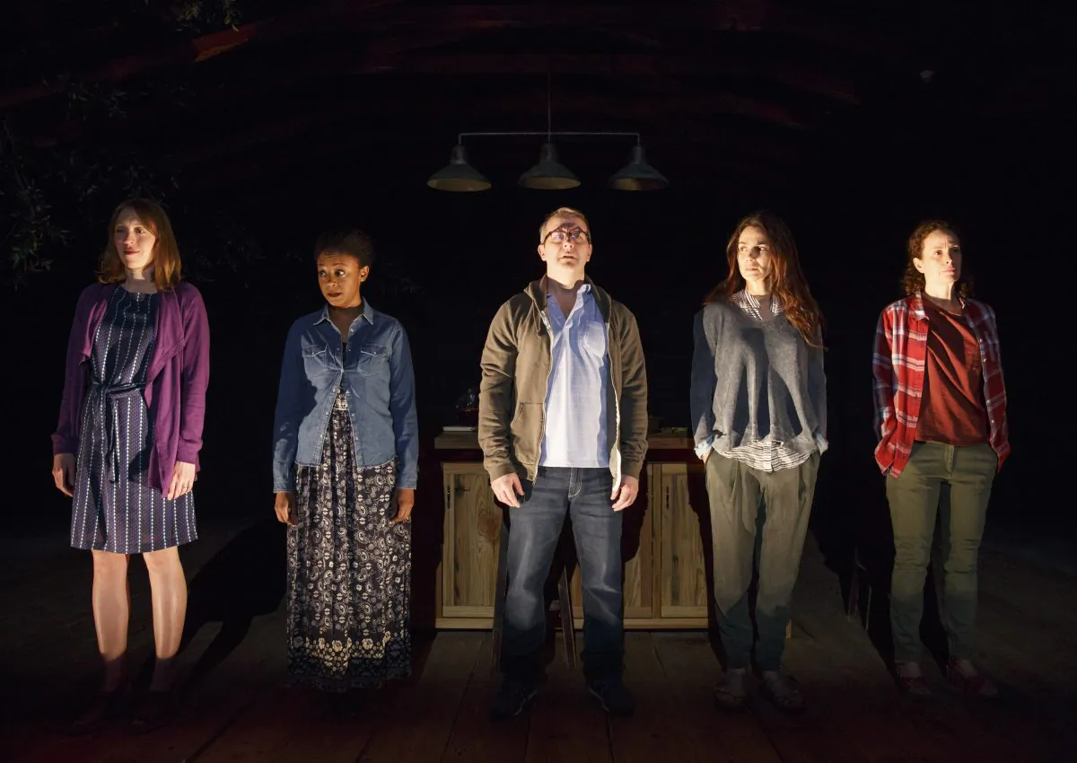 (L–R) Crystal Finn, April Matthis, Nat DeWolf, Annie Parisse, and Maria Striar appear in Anne Washburn’s “Antlia Penumatica.” (Joan Marcus)