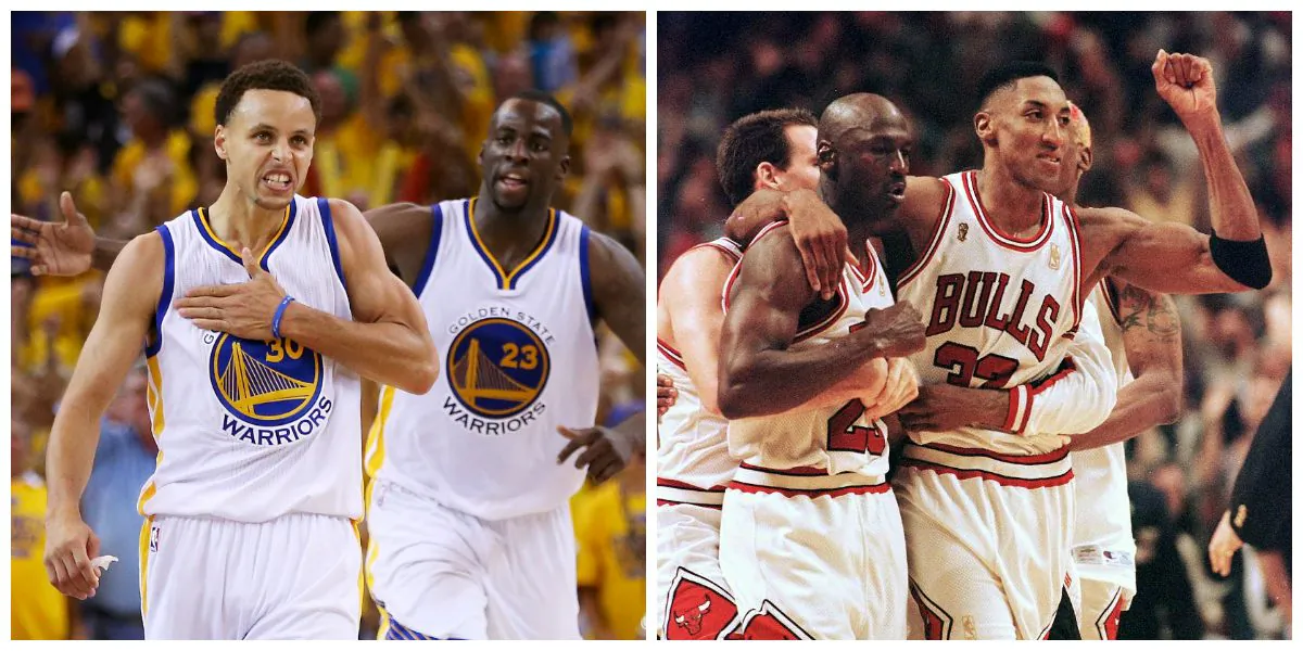 Left photo: Stephen Curry (L) and Draymond Green helped lead the Warriors to the 2015 NBA title. (Ezra Shaw/Getty Images) Right photo: Scottie Pippen (R) and Michael Jordan led Chicago to six NBA titles during the 90s, including the 72-win season in 1996. (Vincent Laforet/AFP/Getty Images) 