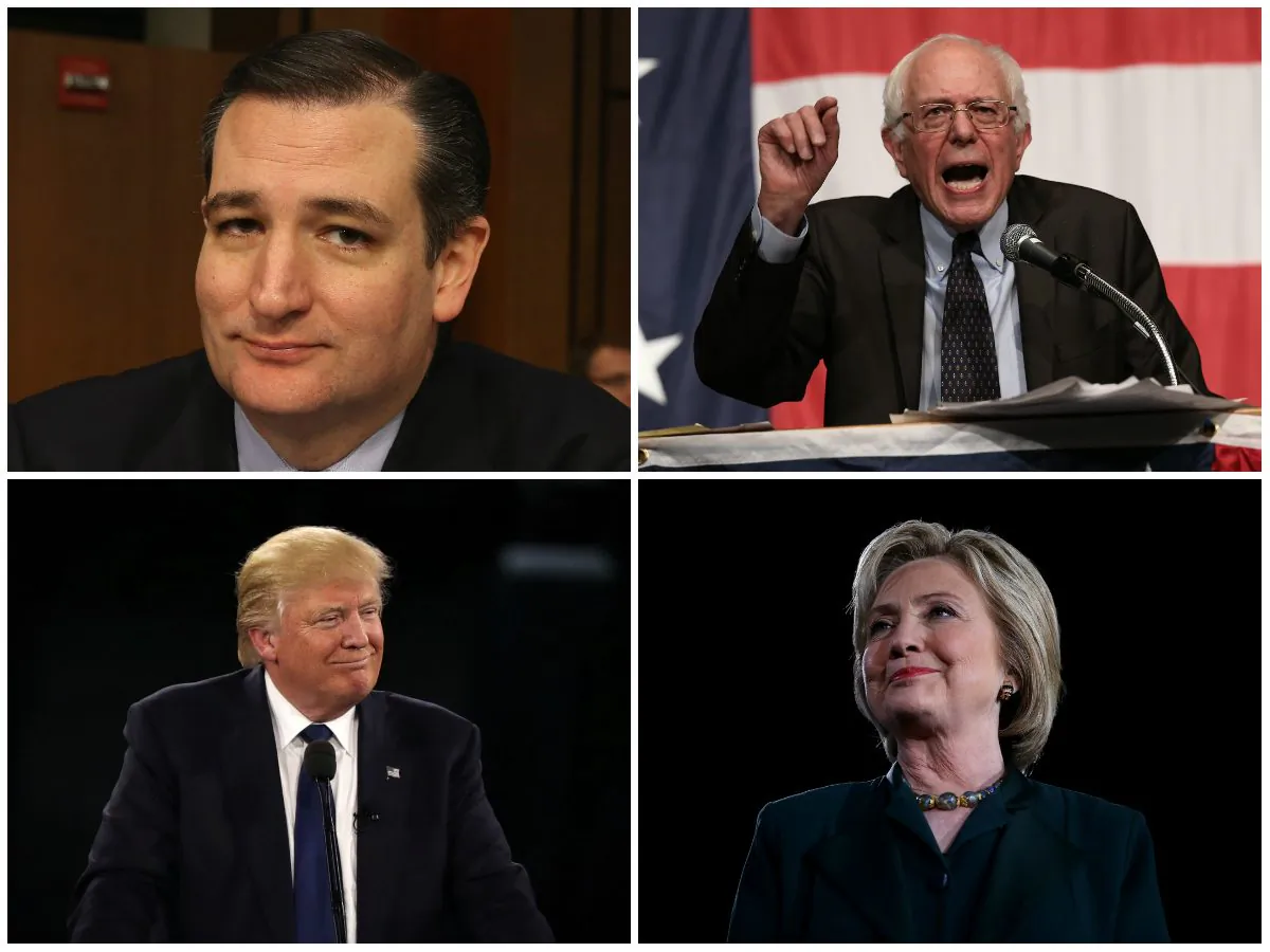 Clockwise from bottom-left: Republicans Donald Trump and Ted Cruz, and Democrats Bernie Sanders and Hillary Clinton. (Getty Images)