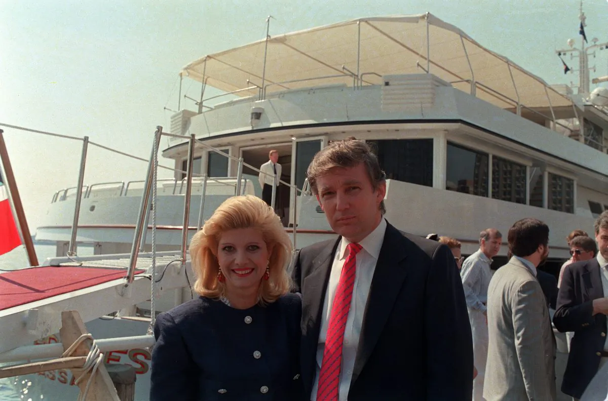 Former President Donald Trump and his first wife, Ivana, pose aboard a new luxury yacht on East River in New York City, on July 4, 1988. (Marty Lederhandler/AP Photo)