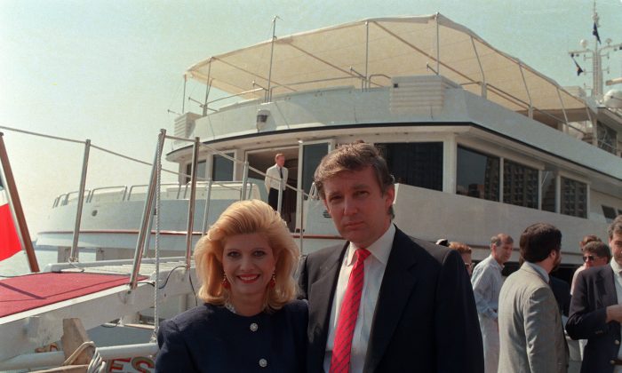 Former President Donald Trump and his first wife, Ivana, pose aboard a new luxury yacht on East River in New York City, on July 4, 1988. (Marty Lederhandler/AP Photo)