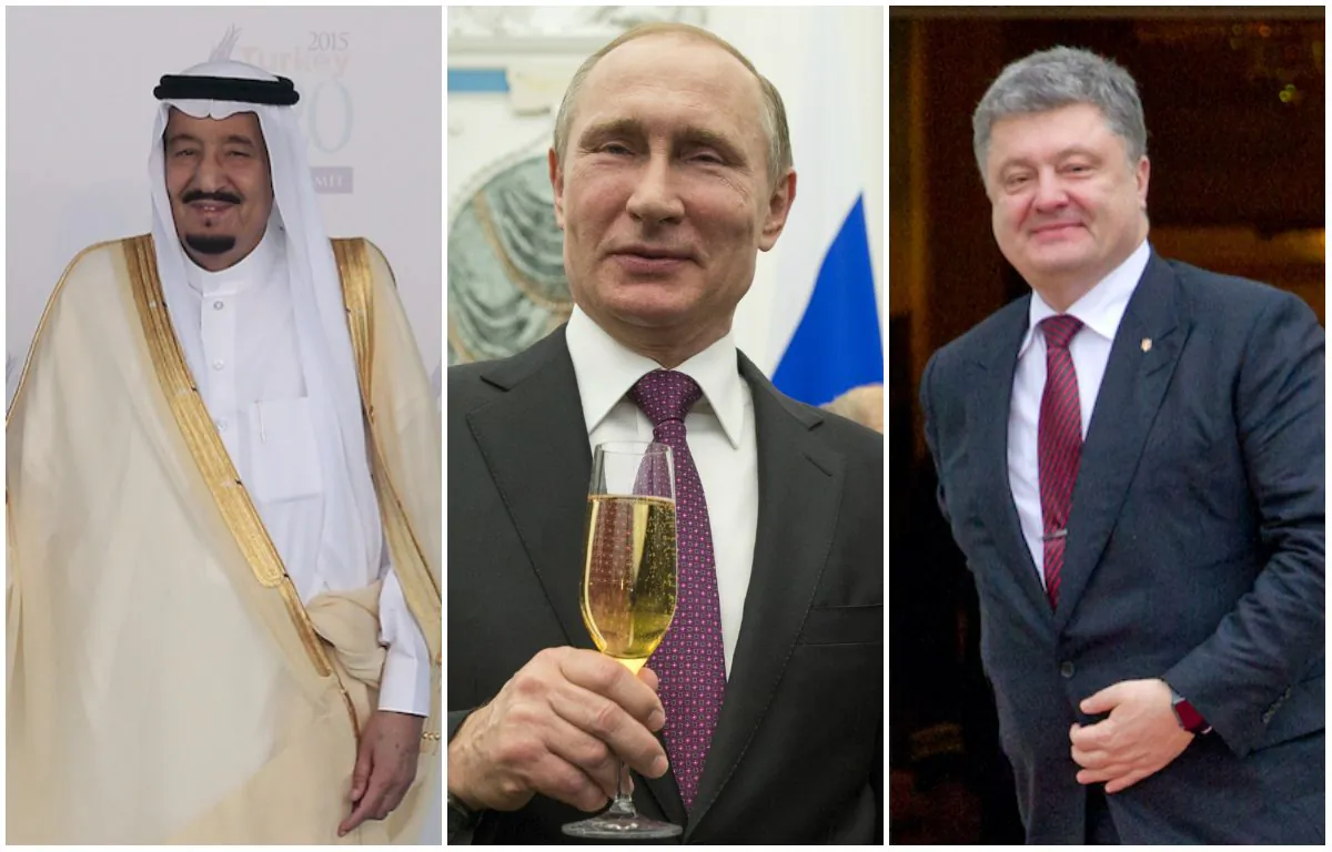 From L–R: Saudi Arabia's King Salman bin Abdulaziz, Russian President Vladimir Putin, and Ukraine President Petro Poroshenko.
(Chris McGrath/Getty Images, Pavel Golovkin/AFP/Getty Images, Ron Sachs-Pool/Getty Images)
