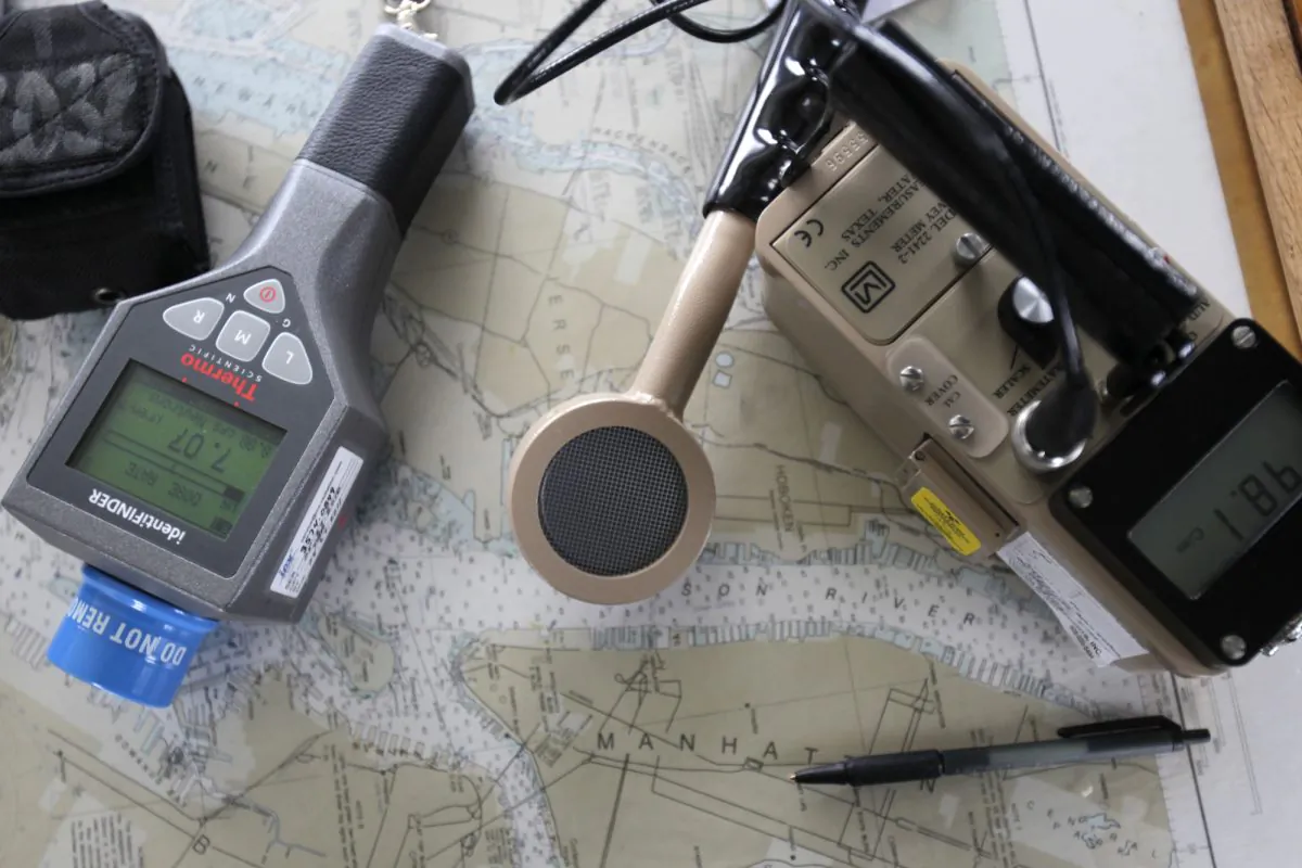 Instruments for detecting radiation, resting on a map of the New York area during an counterterrorism exercise to intercept radioactive "dirty bombs" in waterways near New York on April 7, 2011. (AP Photo/Seth Wenig)