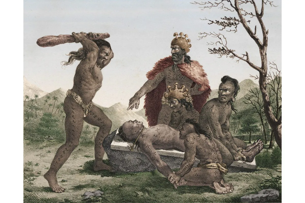 Illustration of ritualised human sacrifice in traditional Hawaiian culture, as documented by the French explorer and artist Jacques Arago in 1819. (Jacques Arago, "Promenade Autour Du Monde," 1822)