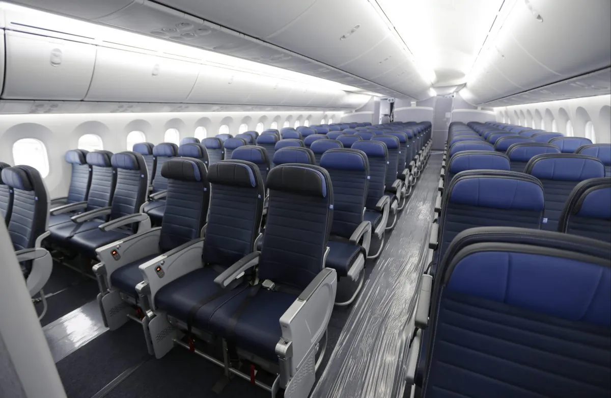 Economy class seating aboard a United Airlines Boeing 787-9 at the Seattle-Tacoma International Airport on Jan. 26. (AP Photo/Ted S. Warren)