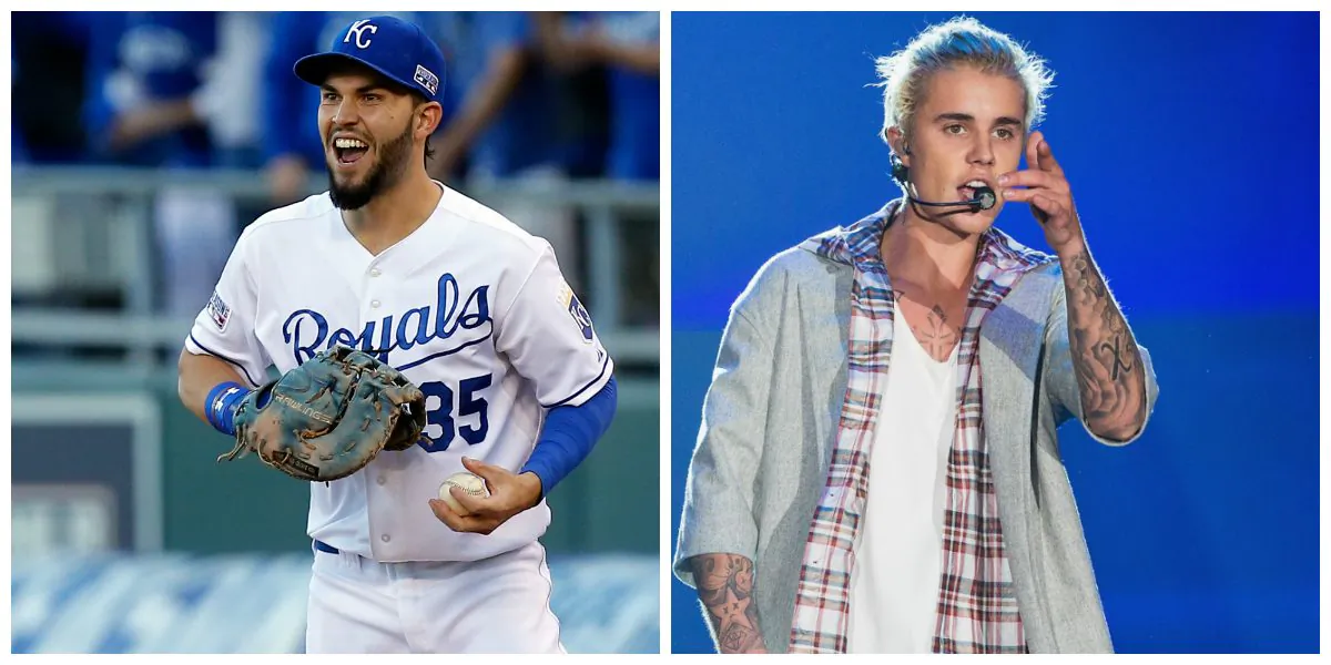Left photo: Eric Hosmer is a three-time Gold Glove winnner for the Kansas City Royals. (Ed Zurga/Getty Images) Right photo: Singer-songwriter Justin Bieber attends the 2014 Young Hollywood Awards. (Ari Perilstein/Getty Images for Variety) 