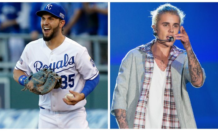 Left photo: Eric Hosmer is a three-time Gold Glove winnner for the Kansas City Royals. (Ed Zurga/Getty Images) Right photo: Singer-songwriter Justin Bieber attends the 2014 Young Hollywood Awards. (Ari Perilstein/Getty Images for Variety) 