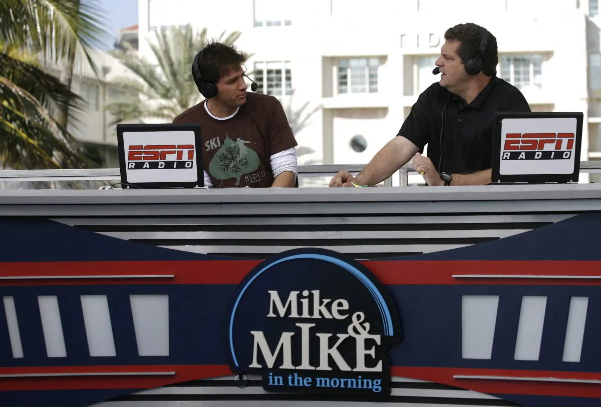 Mike Greenberg (L) and Mike Golic during their ESPN Radio show, Mike & Mike in the Morning, broadcast on the ESPN set in Miami, Florida on February 1, 2007. (Allen Kee/Getty Images)