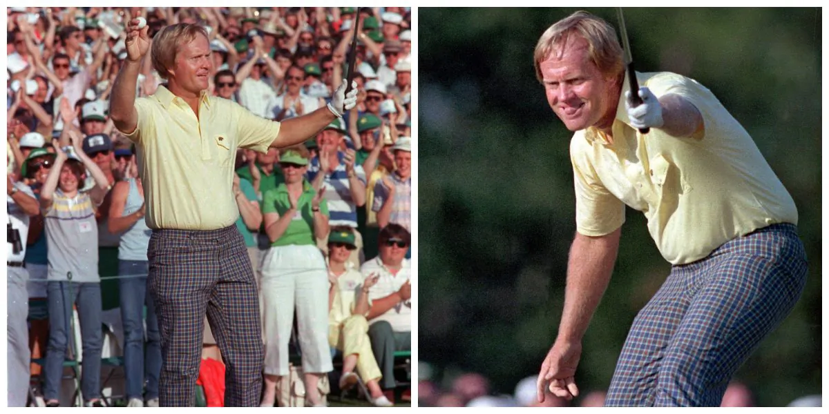 Left photo: Jack Nicklaus watches his shot go for a birdie, giving him the lead on the 17th hole at the 1986 Masters. (AP Photo/Joe Benton) Right photo: The win gave Nicklaus 18 major titles—still more than anyone. (AP Photo) 