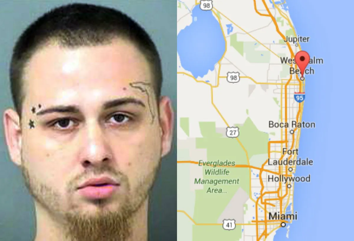 Left: Johnathan Hewitt under arrest on burglary charges Tuesday, April 5, 2016. (Palm Beach Sheriff's Office via AP);Right: West Palm Beach, Fla. (Screenshot of Google Maps)