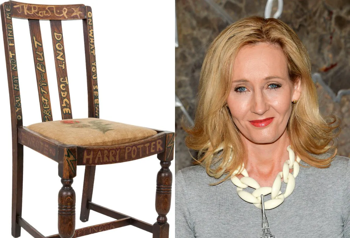 Left: The chair that J.K. Rowling sat on while writing the first two books of the Harry Potter series. The chair was purchased Wednesday, April 6, 2016, at a Heritage Auctions sale in New York City. (Joseph Schroeder/Heritage Auctions via AP, File); Right: In this April 9, 2015 file photo, "Harry Potter" author J.K. Rowling in New York. (Evan Agostini/Invision/AP, File)