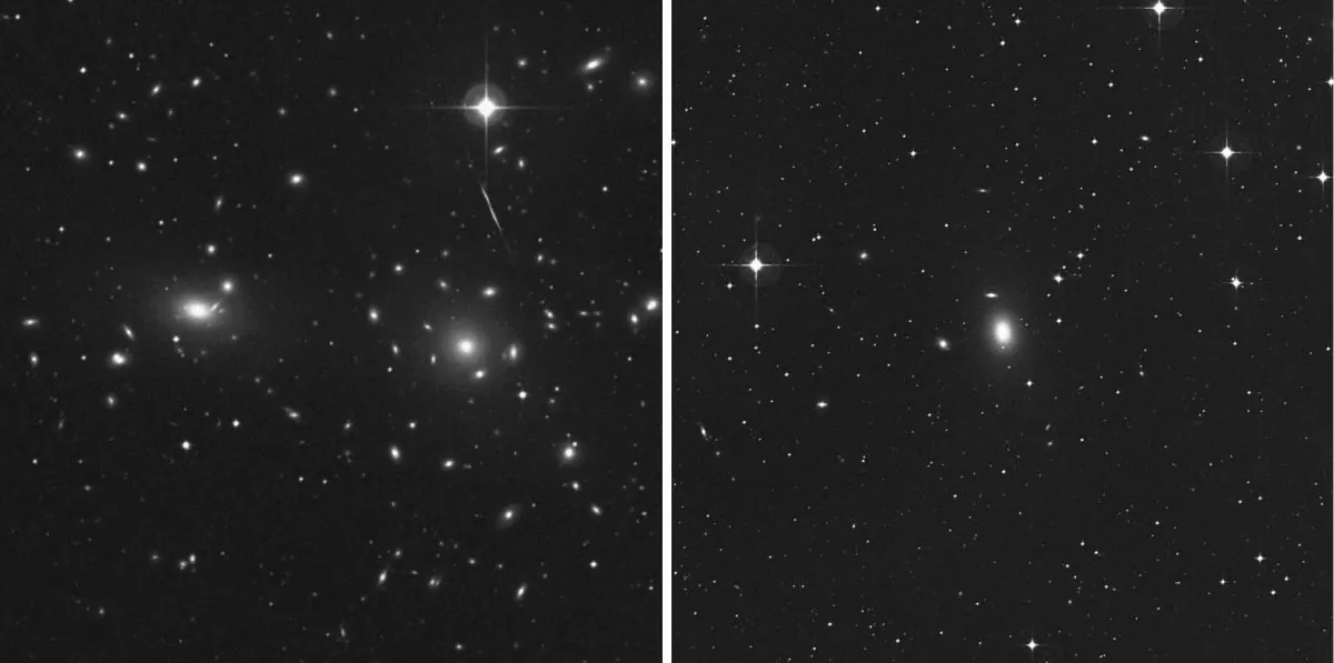 (L-R) Comparison of the central portions of the dense Coma Cluster with the sparse NGC 1600 galaxy group (Second Palomar Observatory Sky Survey). 