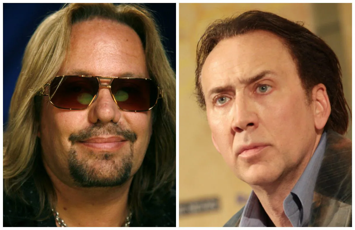 Recording artist Vince Neil poses for a portrait in New York, Tuesday, June 22, 2010. (AP Photo/Jeff Christensen); Actor Nicolas Cage attends 2012 Giffoni Film Festival press conference on July 18, 2012 in Giffoni Valle Piana, Italy. (Photo by Vittorio Zunino Celotto/Getty Images)