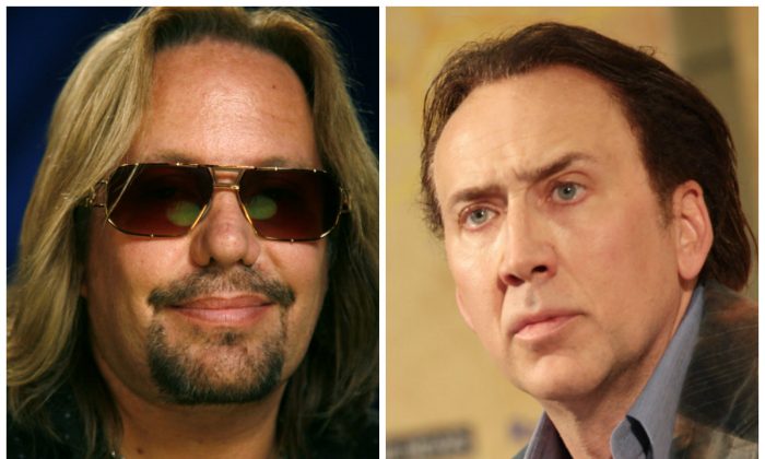 Recording artist Vince Neil poses for a portrait in New York, Tuesday, June 22, 2010. (AP Photo/Jeff Christensen); Actor Nicolas Cage attends 2012 Giffoni Film Festival press conference on July 18, 2012 in Giffoni Valle Piana, Italy. (Photo by Vittorio Zunino Celotto/Getty Images)