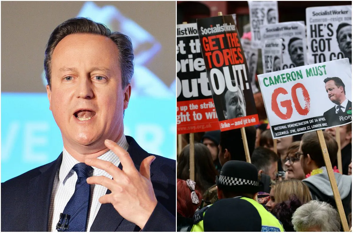 Left: Prime Minister David Cameron at the Conservative party's spring forum in central London on April 9, 2016. (John Stillwell/PA via AP); Right: Protesters call for the resignation of PM David Cameron outside the Conservative party's spring forum in central London on April 9, 2016. (John Stillwell/PA via AP)