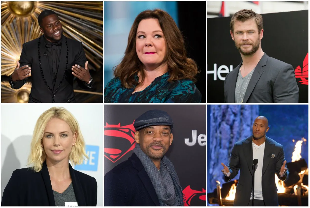 Top L, clockwise: Kevin Hart at the Oscars on Feb. 28, 2016, at the Dolby Theatre in Los Angeles. (Chris Pizzello/Invision/AP); Melissa McCarthy on April 6, 2016, in New York. (Charles Sykes/Invision/AP); Australian actor Chris Hemsworth in Hong Kong on April 7, 2016. (AP Photo/Vincent Yu); Charlize Theron on April 7, 2016, in Inglewood, Calif. (Richard Shotwell/Invision/AP); Will Smith on March, 20, 2016, in New York. (Charles Sykes/Invision/AP); Dwayne Johnson on June 6, 2015, in Culver City, Calif. (Phil McCarten/Invision/AP)