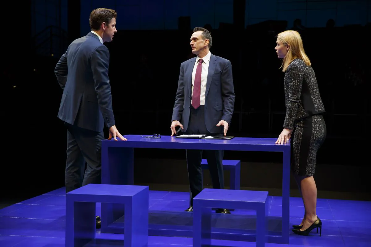 (L–R) Seth (John Krasinski), Rick (Hank Azaria), and Jenny (Claire Danes).  Rick likes to hear opposing viewpoints from his KMM Capital Management staff, Seth and Jenny, in “Dry Powder,” written by Sarah Burgess. (Joan Marcus)