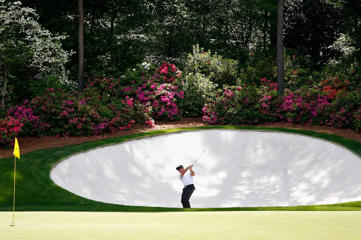 Bubba Watson plays a shot out of a bunker during the first round of the 2008 Masters Tournament at Augusta National Golf Club in Augusta, Georgia. (Jamie Squire/Getty Images)