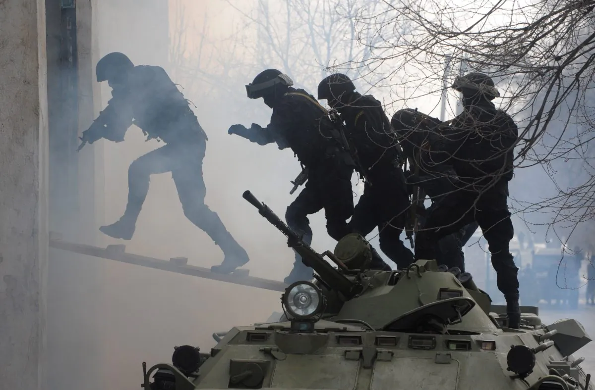 Kyrgyz Interior Ministry officers and servicemen take part in an anti-terrorist exercise near a penal colony in the village of Moldovanovka, some 25 miles of the capital Bishkek, on Feb. 29, 2012. (Vyacheslav Oseledko/AFP/Getty Images)