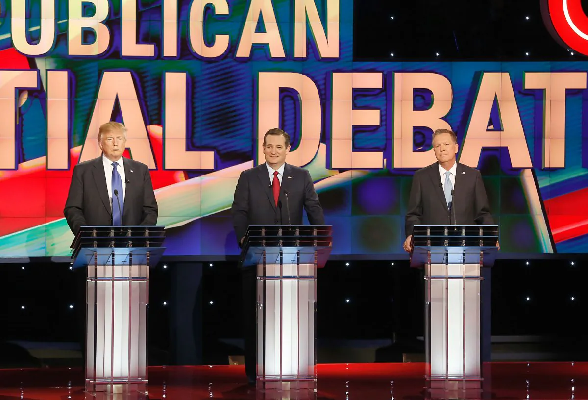 Republican presidential candidates (L-R) Donald Trump, Ted Cruz, and John Kasich participate in the Republican Presidential Debate at the University of Houston in Houston, Texas, on Feb. 25, 2016. (Thomas B. Shea/AFP/Getty Images)