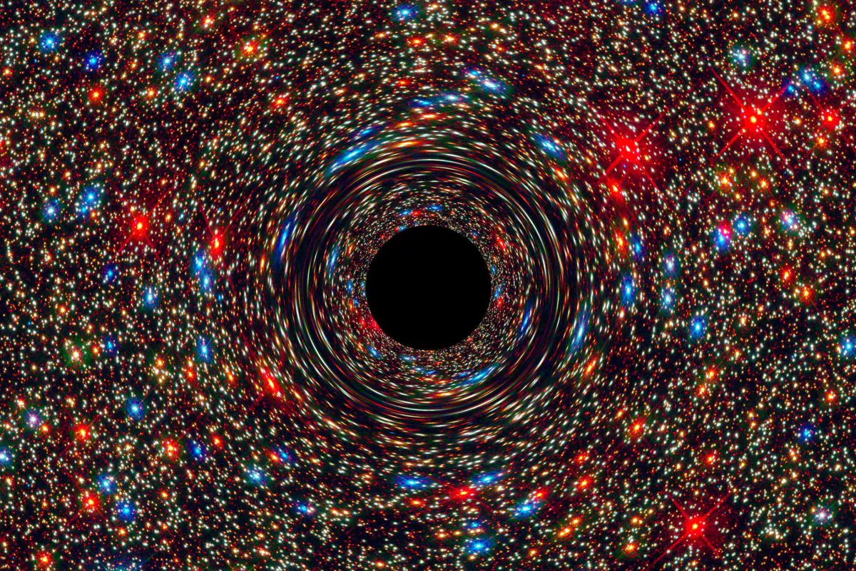 Black holes bend light like a lens, distorting the stars behind them, as portrayed in the above simulation. The black center represents the event horizon of the black hole, from which nothing, not even light, can escape. (NASA, ESA, D. Coe, J. Anderson, and R. van der Marel/STScI)