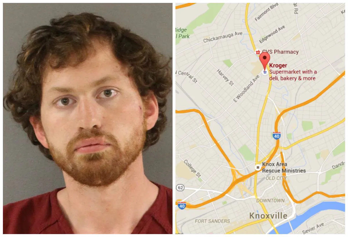 Left: Brandon M. Williams, arrested for allegedly attempting to rob a police officer. (Knox County Sheriff's Office); Right: Location of the alleged attempted robbery. (Screenshot of Google Maps)
