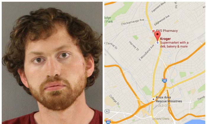 Left: Brandon M. Williams, arrested for allegedly attempting to rob a police officer. (Knox County Sheriff's Office); Right: Location of the alleged attempted robbery. (Screenshot of Google Maps)