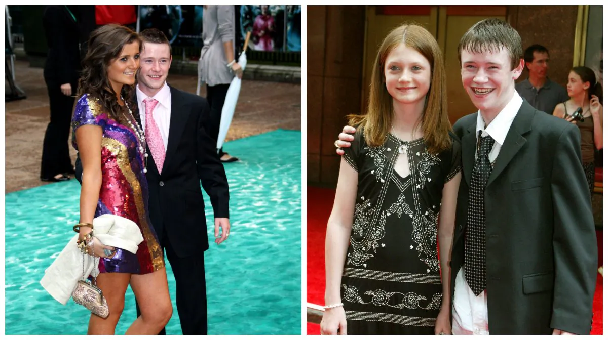 Devon Murray (R) and an unidentified guest attend the "Harry Potter and the Order of the Phoenix UK premiere in 2007; Bonnie Wright, left, and Devon Murray walk the red carpet during the New York premiere of "Harry Potter and the Prisoner of Azkaban" in 2004. (MJ Kim/Getty Images; AP Photo/Diane Bondareff)