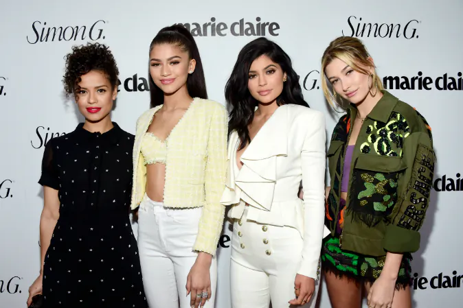 (L-R) Actors Gugu Mbatha-Raw, Zendaya, tv personality Kylie Jenner and model Hailey Baldwin attend the 'Fresh Faces' party, hosted by Marie Claire, celebrating the May issue cover stars on April 11, 2016 in Los Angeles, California. (Frazer Harrison/Getty Images for Marie Claire)