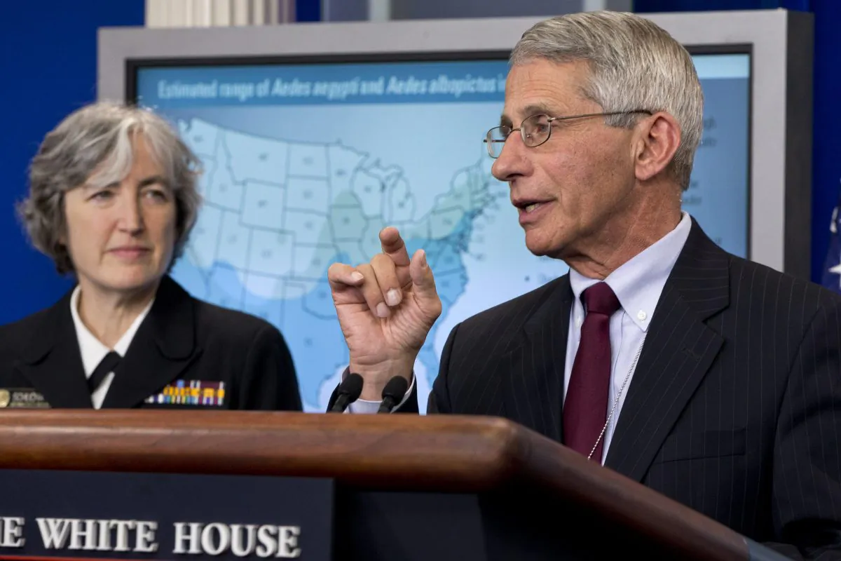 Dr. Anthony Fauci, director of NIH/NIAID, right, with Dr. Anne Schuchat, principal deputy director of the Center for Disease Control, speaks about the Zika virus during a news briefing at the White House in Washington, on April 11, 2016. (Jacquelyn Martin/AP Photo)