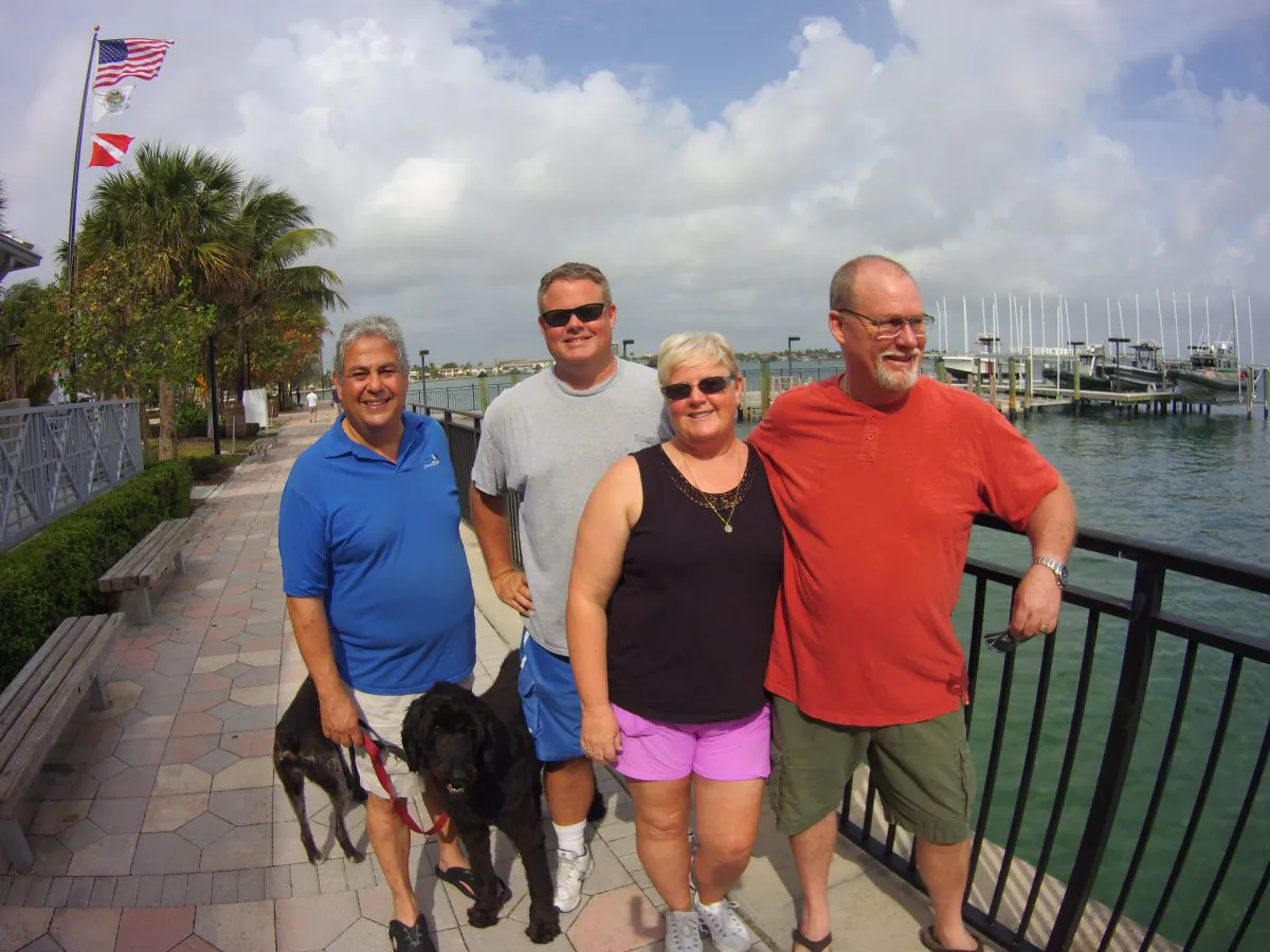 (L-R) Peter Friedman, Captain Jason Landau, Lynn Brown, and Captain David Brown on the walkway outside Blue Heron Bridge Scuba and Watersports. (John Christopher Fine, Copyright 2016)