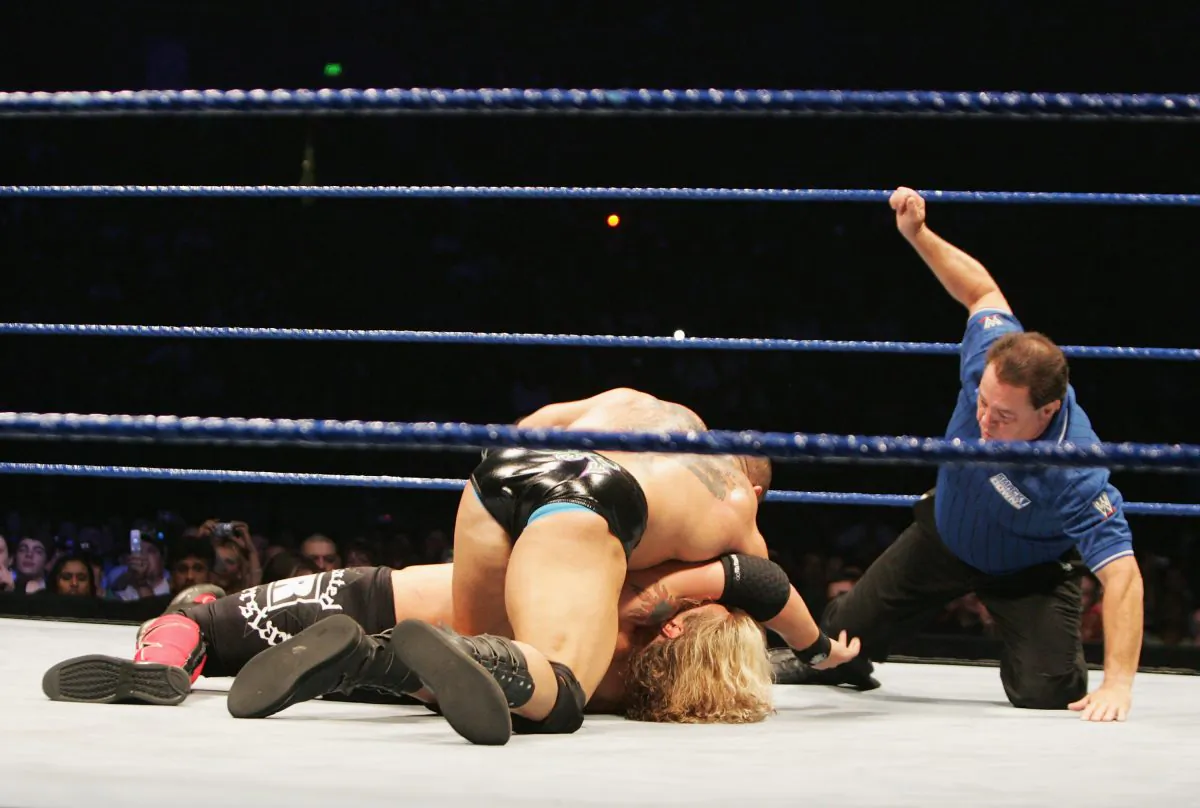 Batista goes for the pin on World Heavyweight Champion Edge during WWE Smackdown at Acer Arena on June 15, 2008 in Sydney, Australia. (Gaye Gerard/Getty Images) 