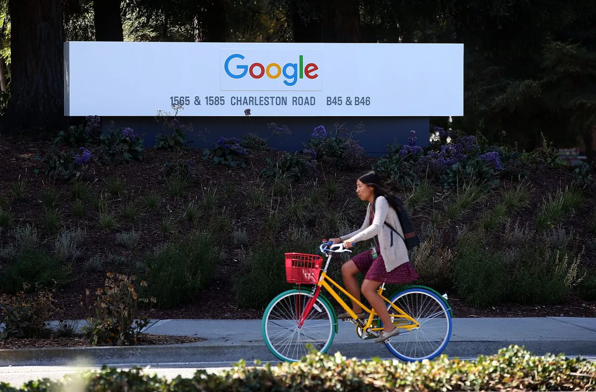 The new Google logo is displayed on a sign outside of the Google headquarters on September 2, 2015 in Mountain View, California. (Photo by Justin Sullivan/Getty Images)