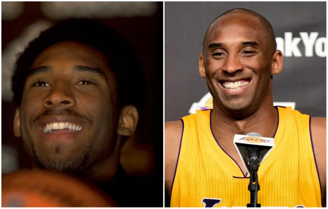 Kobe Bryant, on the left, in August 1998 during a promotional tour of Australia and, on the right, on April 13, 2016, after his final game for the Lakers. (Allsport UK /Allsport
and Harry How/Getty Images)