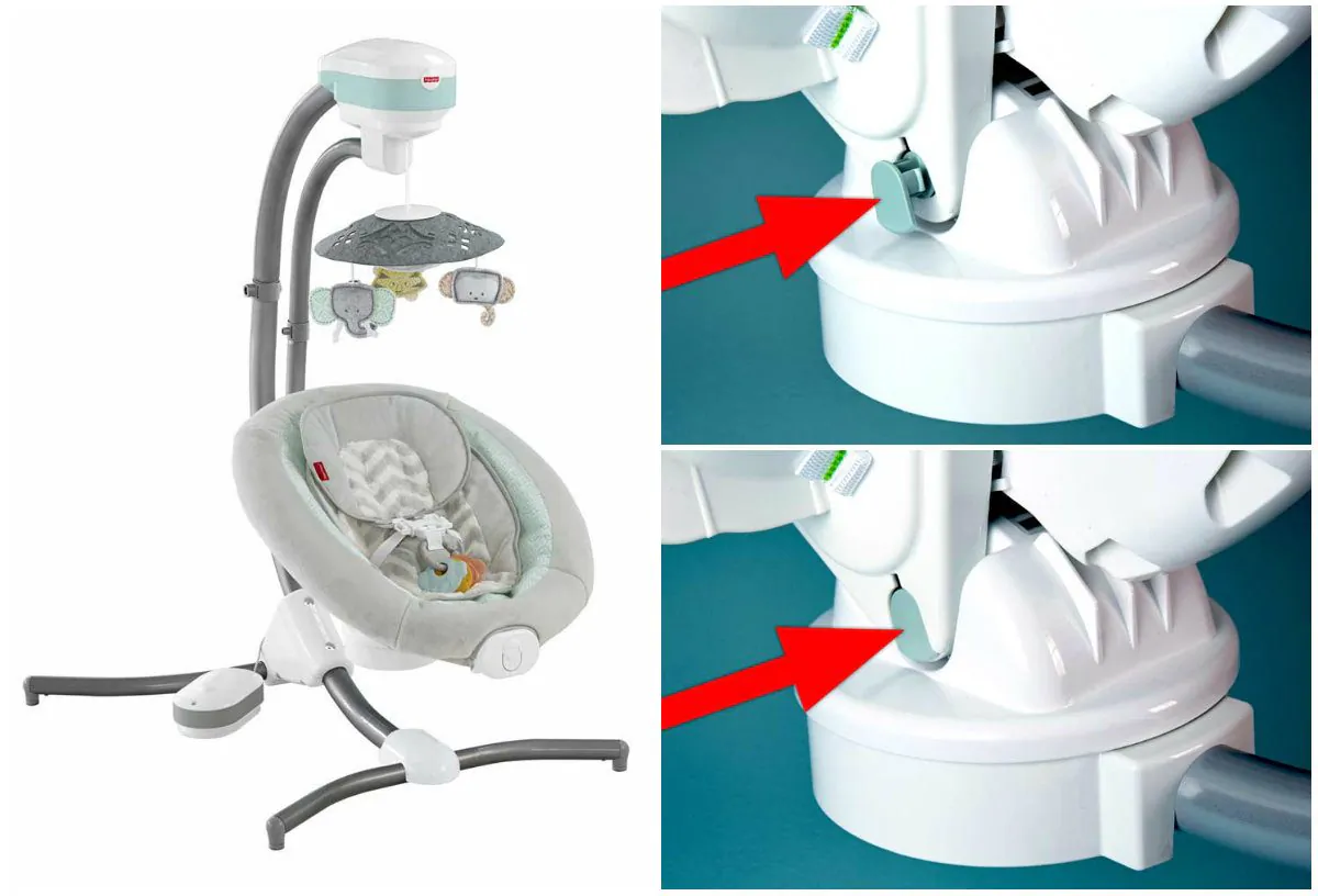Left: Fisher-Price CMR40 Sweet Surroundings Cradle 'n Swing; R-Top: Seat peg that is not fully engaged to the seat; R-Bottom: Seat Peg properly engaged to the seat. (The U.S. Consumer Product Safety Commission)