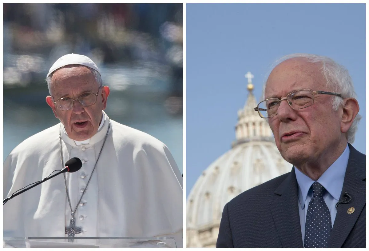Left: Pope Francis delivers his speech at the Mytilene port on the Greek island of Lesbos, Saturday, April 16, 2016. (AP Photo/Petros Giannakouris); Right: U.S. presidential candidate Bernie Sanders, backdropped by the dome of St. Peter's Basilica at the Vatican Saturday, April 16, 2016. (AP Photo/Alessandra Tarantino)