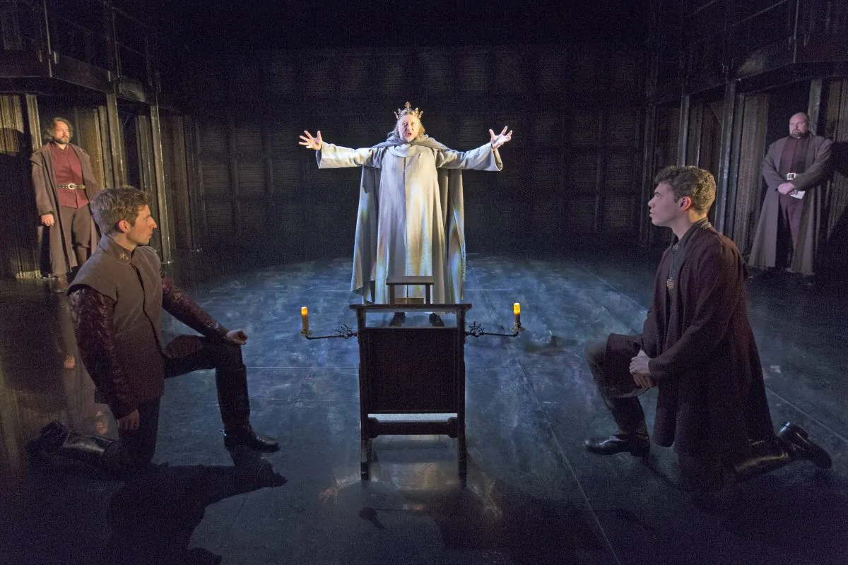 King Henry IV (Jasper Britton), center, having ascended to the throne of England, learns all too quickly that winning a battle is not nearly as difficult as keeping the peace. (Richard Termine)