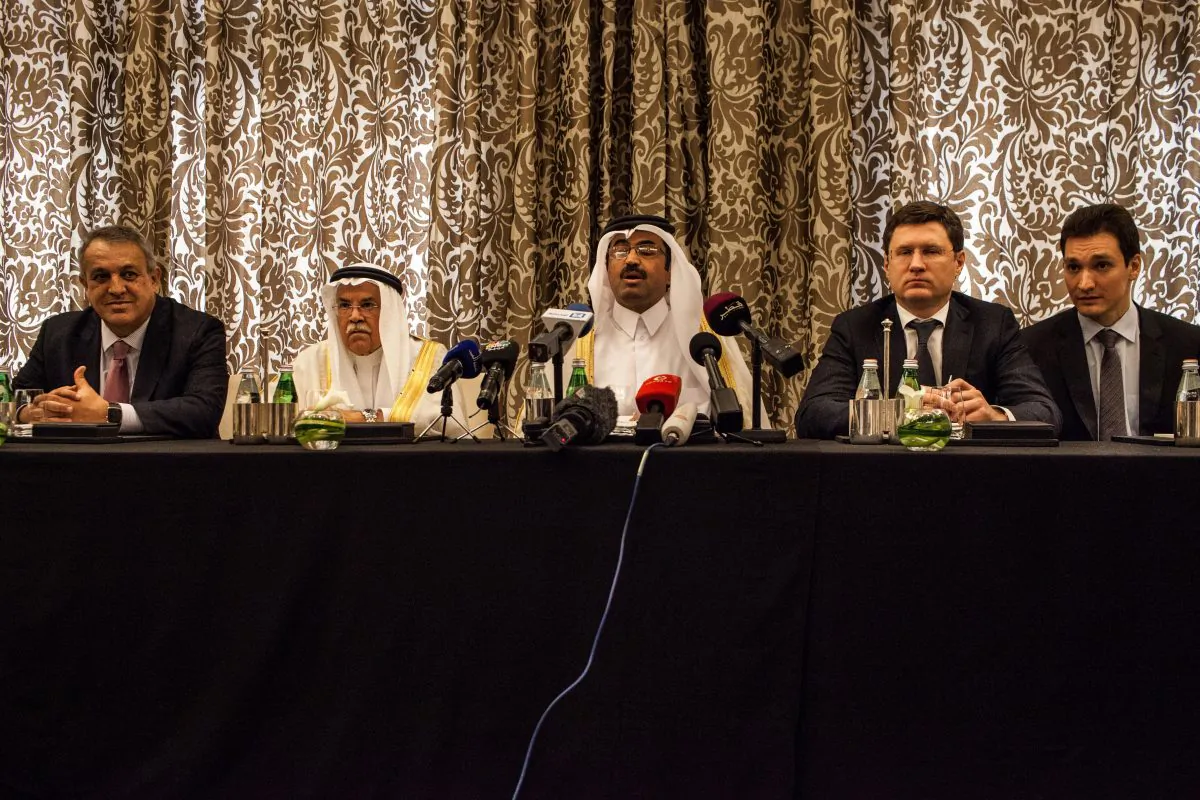 Qatar's Minister of Energy and Industry Mohammed Saleh al-Sada (C), Saudi Arabia's Minister of Oil and Mineral Resources Ali al-Naimi (C-L), Venezuela's minister of petroleum and mining Eulogio Del Pino (L), and Russia's Energy Minister Alexander Novak (C-R) attend a press conference in the Qatari capital Doha on Feb. 16, 2016. Energy giants Saudi Arabia and Russia agreed to freeze oil output to try to stabilise the market if other major producers do the same, Qatar's oil minister said. (Olya Morvan/AFP/Getty Images)