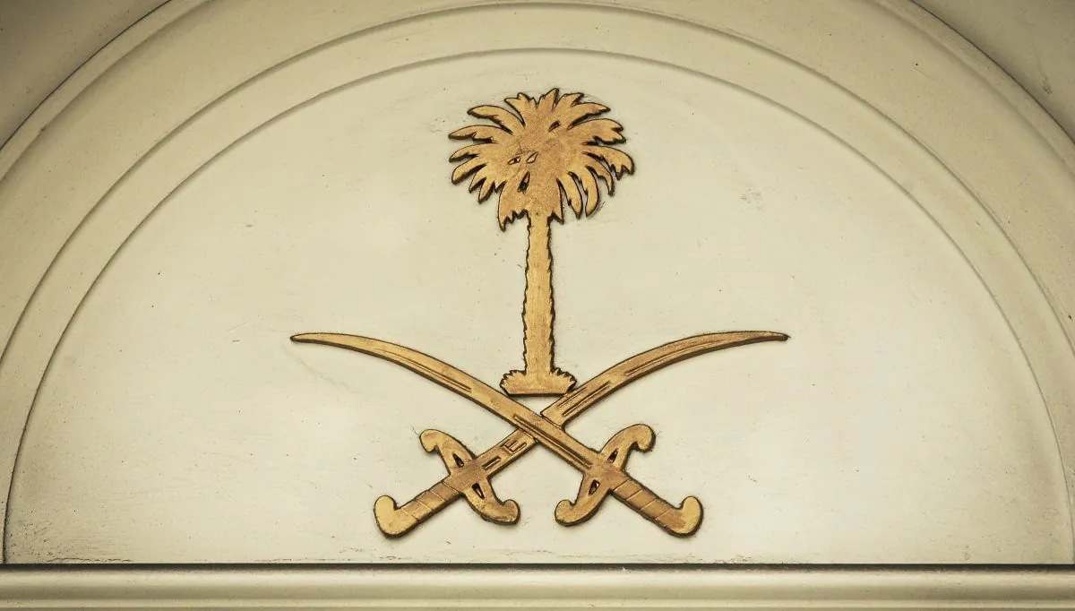 The Saudi royal crest is seen on the Saudi Arabian embassy in London on Aug. 1, 2005. (Bruno Vincent/Getty Images)
